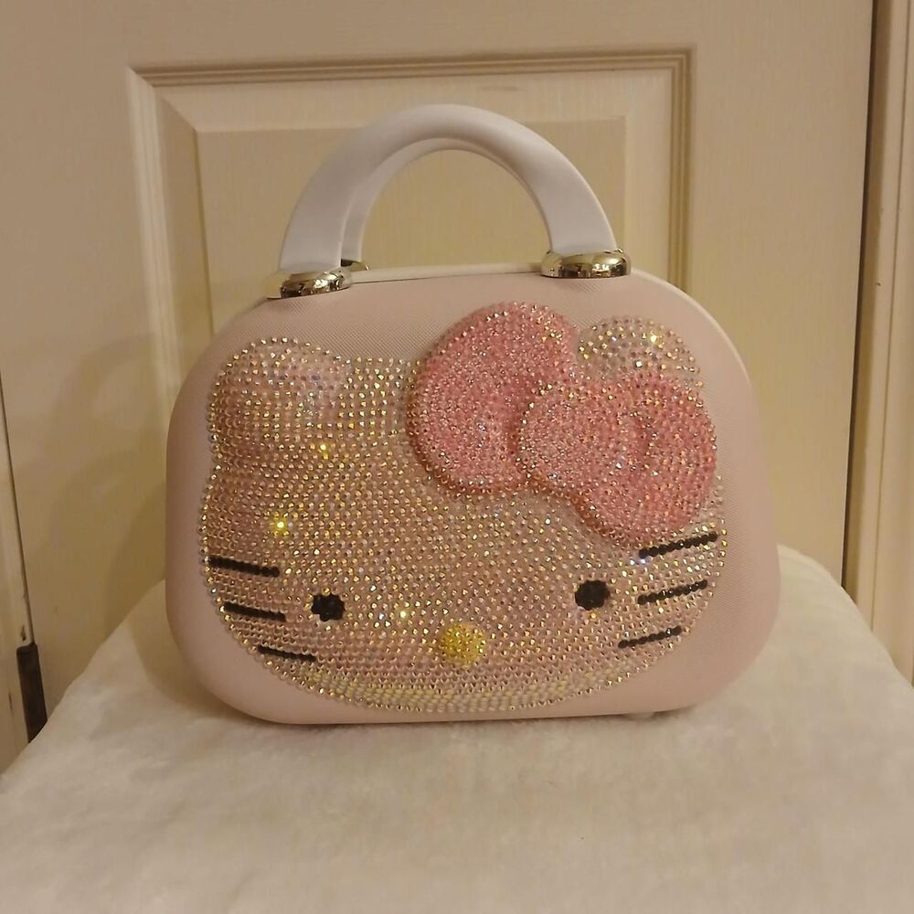 Hello Kitty Pink Cosmetic Travel Case w Rhinestone Embellished Face & Bow